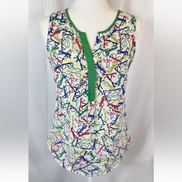Banana Republic XS Colorful Novelty Print Eyeglasses Scoop-neck V Henley blouse - Picture 1 of 13